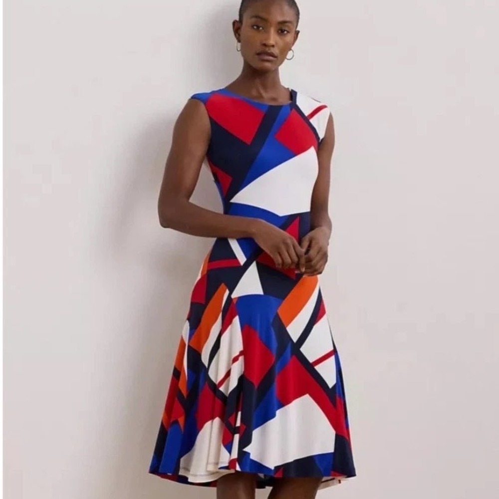 Lauren Ralph Lauren Print Stretch Jersey Dress Women 2X Multicolor Preppy Office